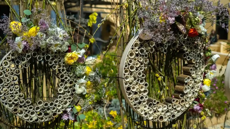 Primer plano de un hotel de insectos en un jardín del Garraf, con flores silvestres