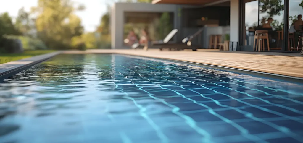 Vista en borde de piscina de un profesional de Jardívida tras el mantenimiento de una piscina moderna en Sitges.