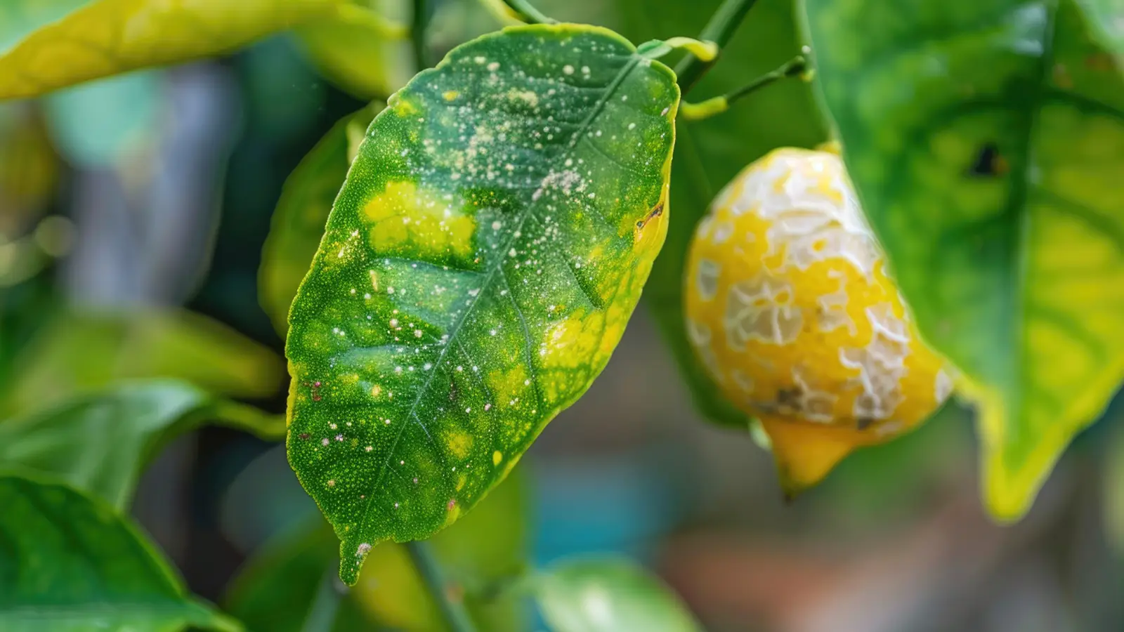 Limonero con hojas amarillas, síntomas de clorosis férrica y venas verdes.